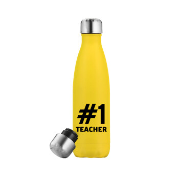 #1 teacher, Μεταλλικό παγούρι θερμός Κίτρινος (Stainless steel), διπλού τοιχώματος, 500ml