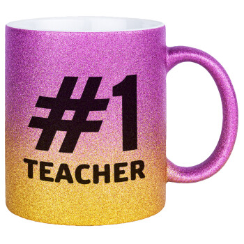 #1 teacher, Κούπα Χρυσή/Ροζ Glitter, κεραμική, 330ml