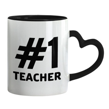 #1 teacher, Κούπα καρδιά χερούλι μαύρη, κεραμική, 330ml