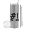 Tumbler stainless steel Silver 600ml, with metal straw & cleaning brush
