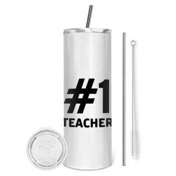 #1 teacher, Eco friendly ποτήρι θερμό (tumbler) από ανοξείδωτο ατσάλι 600ml, με μεταλλικό καλαμάκι & βούρτσα καθαρισμού