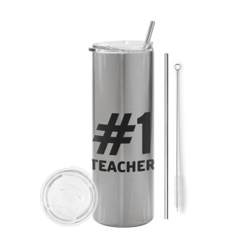 #1 teacher, Eco friendly stainless steel Silver tumbler 600ml, with metal straw & cleaning brush