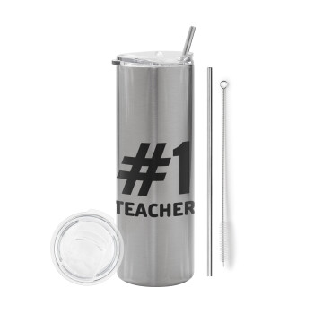 #1 teacher, Tumbler ποτήρι θερμό Ασημένιο από ανοξείδωτο ατσάλι 600ml, με μεταλλικό καλαμάκι & βούρτσα καθαρισμού
