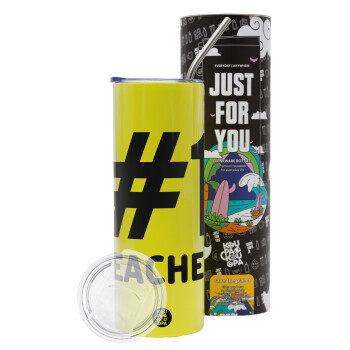 #1 teacher, Neon Yellow Travel Tumbler, with metal straw (Stainless steel 304 Food grade, BPA free, 600ml)
