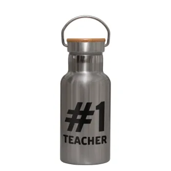 #1 teacher, Stainless steel metallic thermos flask, silver with a bamboo lid, double-walled, 350ml.