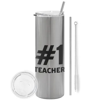 #1 teacher, Tumbler stainless steel Silver 600ml, with metal straw & cleaning brush