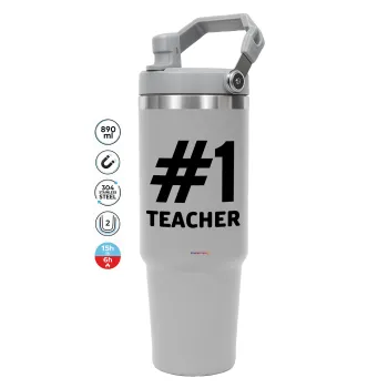 #1 teacher, ΓΚΡΙ χρώματος Θερμός Ανοξείδωτο 890ml (30oz) με χερούλι