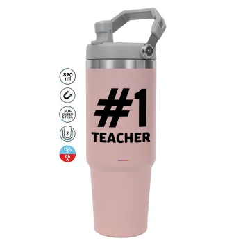 #1 teacher, ΡΟΖ χρώματος Θερμός Ανοξείδωτο 890ml (30oz) με χερούλι