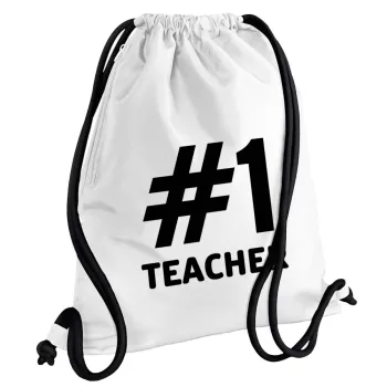 #1 teacher, Backpack pouch GYMBAG white, with pocket (40x48cm) & thick cords