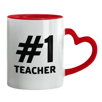 #1 teacher, Mug heart red handle, ceramic, 330ml