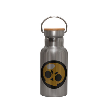 Brawl Stars Skull, Stainless steel metallic thermos flask, silver with a bamboo lid, double-walled, 350ml.