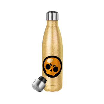 Brawl Stars Skull, Μεταλλικό παγούρι θερμός Glitter χρυσό (Stainless steel), διπλού τοιχώματος, 500ml