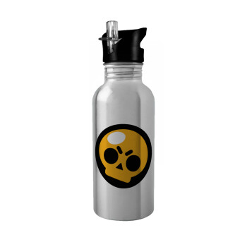 Brawl Stars Skull, Water bottle Silver with straw, stainless steel 600ml