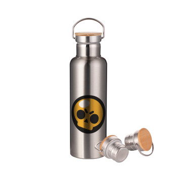 Brawl Stars Skull, Μεταλλικό παγούρι θερμός (Stainless steel) Ασημένιο με ξύλινο καπακι (bamboo), διπλού τοιχώματος, 750ml
