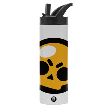 Brawl Stars Skull, Metallic thermos bottle with straw & handle, stainless steel (Stainless steel 304), double-walled, 600ml.