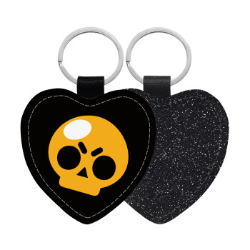 Brawl Stars Skull, Μπρελόκ PU δερμάτινο glitter καρδιά ΜΑΥΡΟ