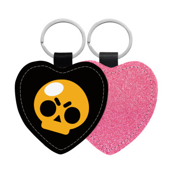 Brawl Stars Skull, Μπρελόκ PU δερμάτινο glitter καρδιά ΡΟΖ