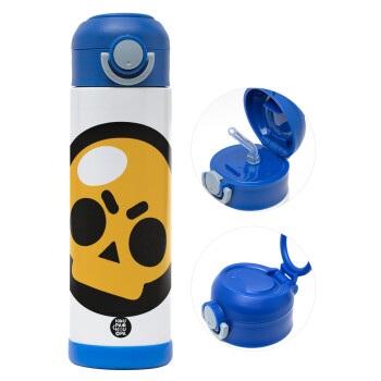 Brawl Stars Skull, Children's hot water bottle, stainless steel, with safety straw, BLUE (500ml)