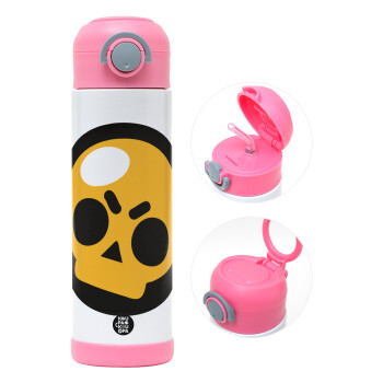 Brawl Stars Skull, Children's hot water bottle, stainless steel, with safety straw, PINK (500ml)