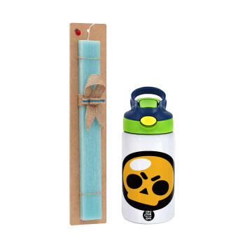 Brawl Stars Skull, Easter Set, Children's thermal stainless steel bottle with safety straw, green/blue (350ml) & aromatic flat Easter candle (30cm) (TURQUOISE)