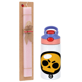 Brawl Stars Skull, Easter Set, Children's thermal stainless steel water bottle with safety straw, pink/purple (350ml) & Easter scented flat candle (30cm) (PINK)