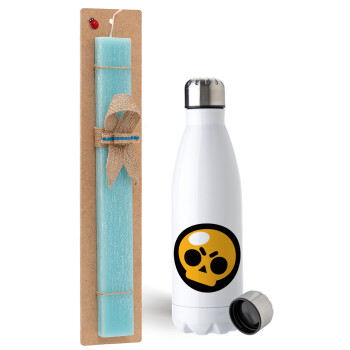 Brawl Stars Skull, Easter Set, metallic stainless steel water bottle (750ml) & aromatic flat Easter candle (30cm) (TURQUOISE)