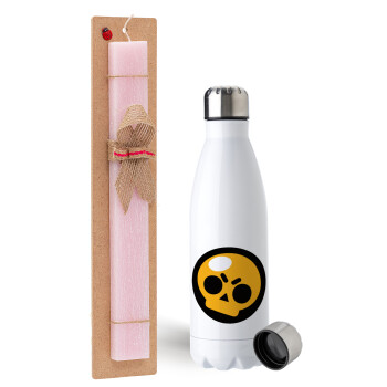 Brawl Stars Skull, Easter Set, metallic stainless steel water bottle (750ml) & scented flat Easter candle (30cm) (PINK)