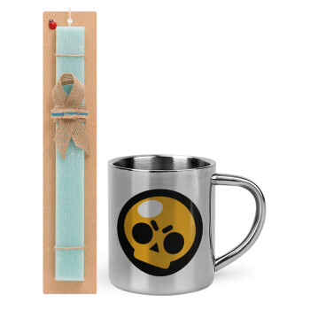 Brawl Stars Skull, Easter Set, metallic thermal cup (300ml) & aromatic flat Easter candle (30cm) (TURQUOISE)