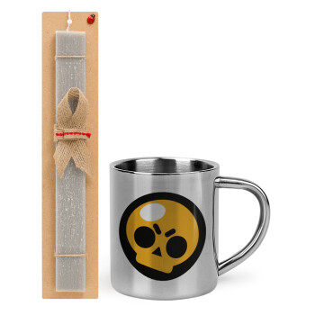 Brawl Stars Skull, Easter Set, metallic thermal cup (300ml) & Easter aromatic flat candle (30cm) (GRAY)