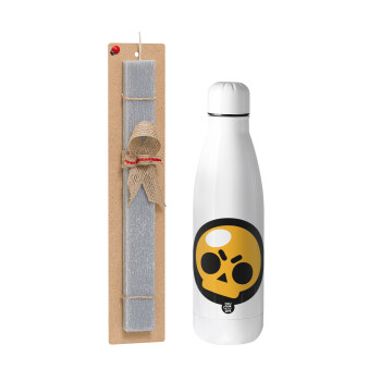 Brawl Stars Skull, Easter Set, metallic stainless thermos bottle (500ml) & scented flat Easter candle (30cm) (GRAY)