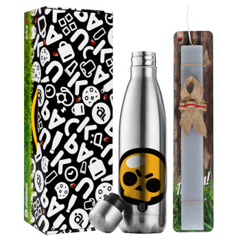 Brawl Stars Skull, Easter Set, metallic stainless thermos flask (500ml) & scented flat Easter candle (30cm) (GRAY)