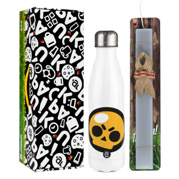 Brawl Stars Skull, Easter candle, metallic white thermos bottle (500ml) & aromatic flat candle (30cm) (GRAY)