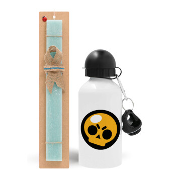 Brawl Stars Skull, Easter Set, metallic aluminum water bottle (500ml) & scented flat candle (30cm) (TURQUOISE)