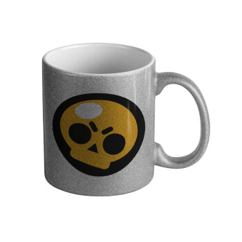Brawl Stars Skull, Κούπα Ασημένια Glitter που γυαλίζει, κεραμική, 330ml