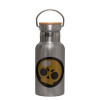 Stainless steel metallic thermos flask, silver with a bamboo lid, double-walled, 350ml.