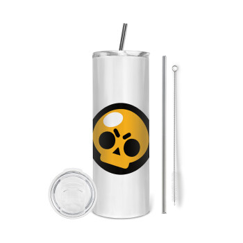 Brawl Stars Skull, Tumbler ποτήρι θερμό από ανοξείδωτο ατσάλι 600ml, με μεταλλικό καλαμάκι & βούρτσα καθαρισμού