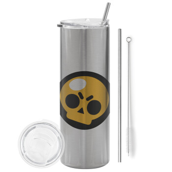 Brawl Stars Skull, Eco friendly stainless steel Silver tumbler 600ml, with metal straw & cleaning brush