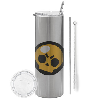 Brawl Stars Skull, Tumbler ποτήρι θερμό Ασημένιο από ανοξείδωτο ατσάλι 600ml, με μεταλλικό καλαμάκι & βούρτσα καθαρισμού