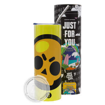Brawl Stars Skull, Neon Yellow Travel Tumbler θερμό, μεταλλικό καλαμάκι(Ανωξείδωτο 304 Food grade, BPA free, 600ml)