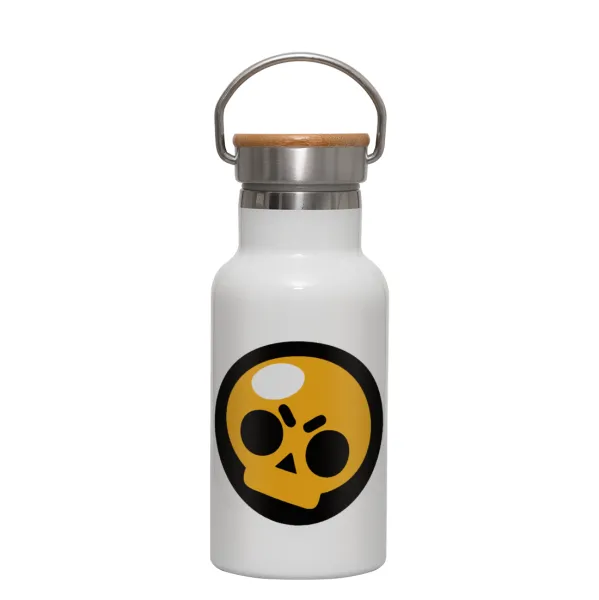 Brawl Stars Skull — Metallic thermos (Stainless steel) White with wooden lid (bamboo), double-walled, 350ml