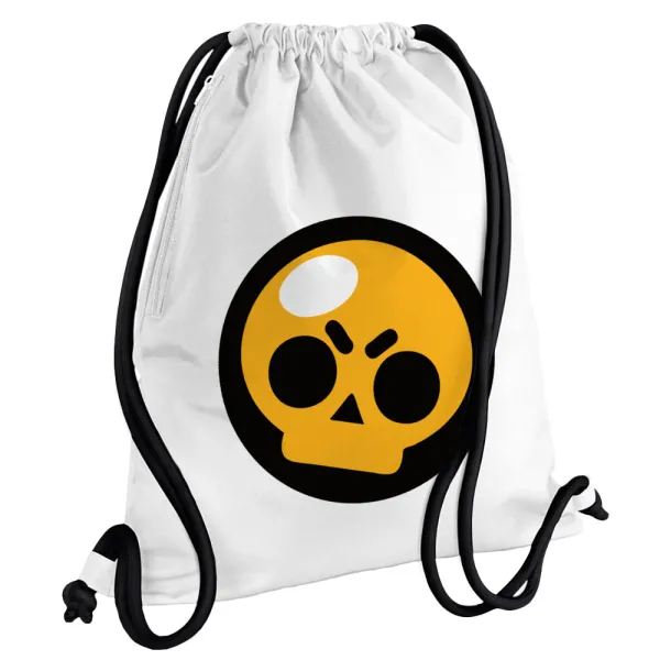 Brawl Stars Skull — Τσάντα πλάτης πουγκί GYMBAG λευκή, με τσέπη (40x48cm) & χονδρά κορδόνια