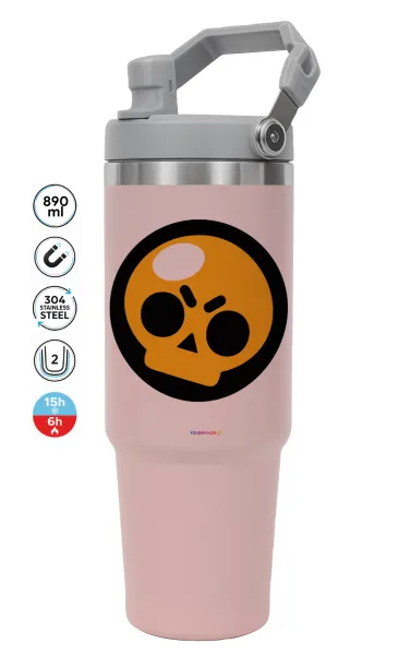 Brawl Stars Skull — ΡΟΖ Travel Tumbler Θερμός με χερούλι και καλαμάκι 890ml