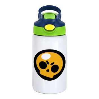Brawl Stars Skull, Παιδικό παγούρι θερμό, ανοξείδωτο, με καλαμάκι ασφαλείας, πράσινο/μπλε (350ml)