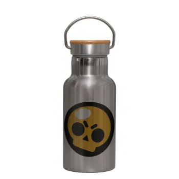 Brawl Stars Skull, Μεταλλικό παγούρι θερμός (Stainless steel) Ασημένιο με ξύλινο καπακι (bamboo), διπλού τοιχώματος, 350ml