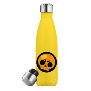 Brawl Stars Skull, Μεταλλικό παγούρι θερμός Κίτρινος (Stainless steel), διπλού τοιχώματος, 500ml