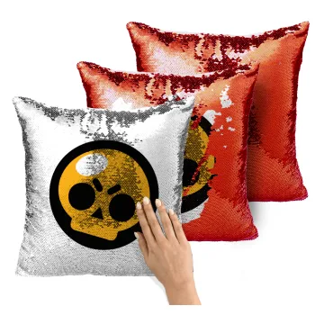 Brawl Stars Skull, Μαξιλάρι καναπέ Μαγικό Κόκκινο με πούλιες 40x40cm περιέχεται το γέμισμα
