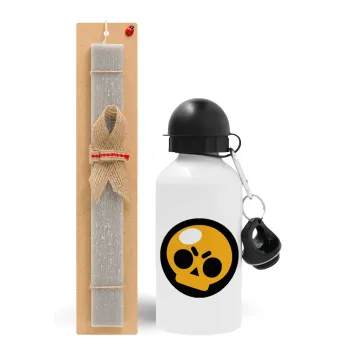 Brawl Stars Skull, Easter Set, metallic aluminum water bottle (500ml) & aromatic flat Easter candle (30cm) (GRAY)