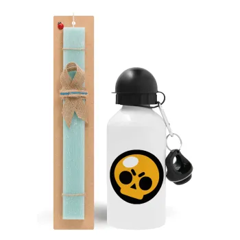 Brawl Stars Skull, Πασχαλινή Λαμπάδα με παγούρι μεταλλικό αλουμινίου (500ml) & λαμπάδα αρωματική πλακέ (30cm) (ΤΙΡΚΟΥΑΖ)