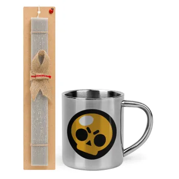 Brawl Stars Skull, Easter Set, metallic thermal cup (300ml) & Easter aromatic flat candle (30cm) (GRAY)