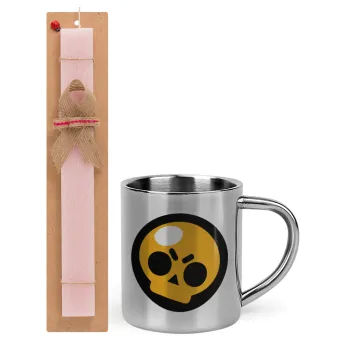 Brawl Stars Skull, Easter Set, metallic thermal cup (300ml) & aromatic flat Easter candle (30cm) (PINK)